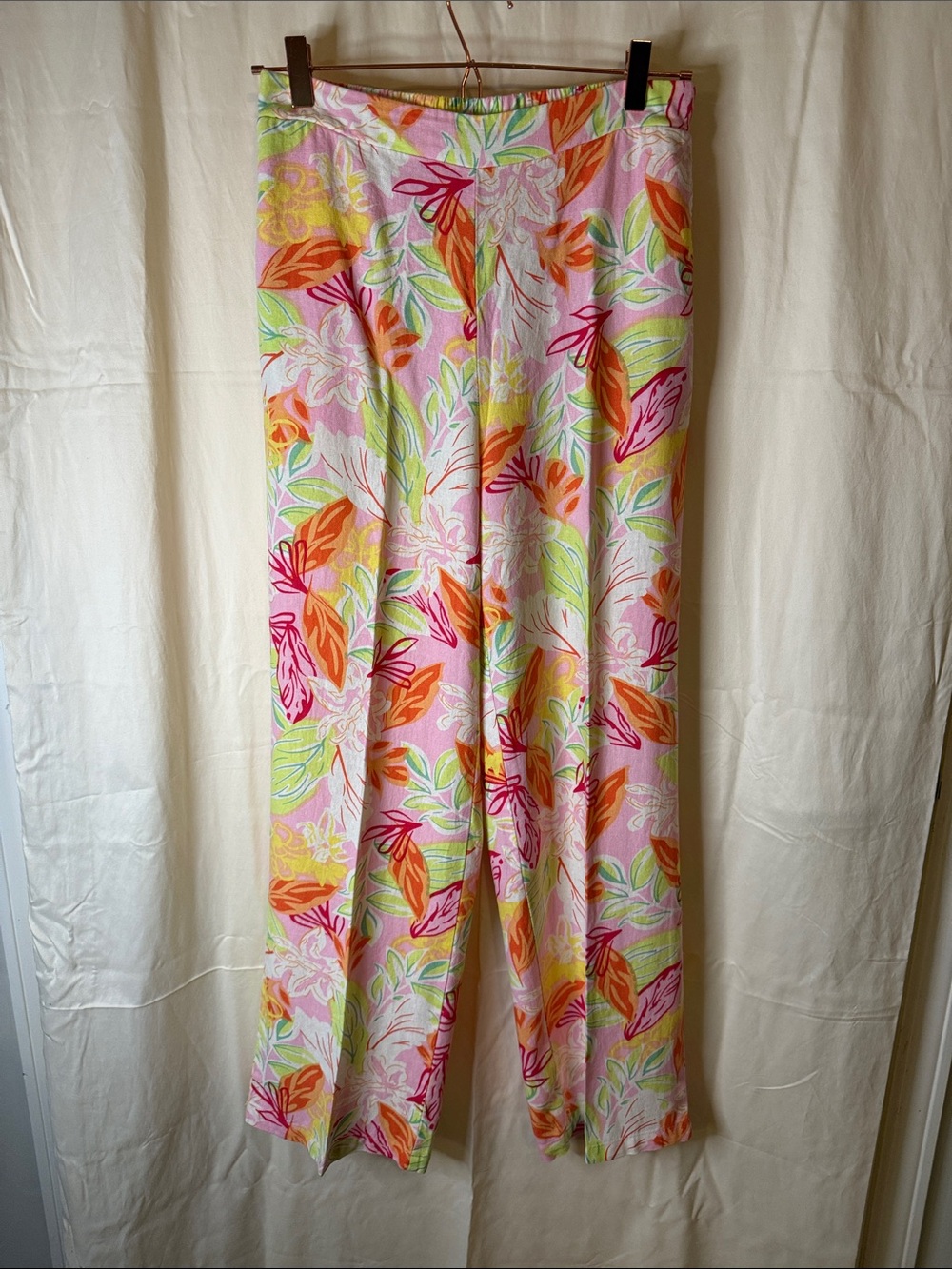 Sincerely Jules Pink Floral Elastic Waist Pants with Green & Orange Accents